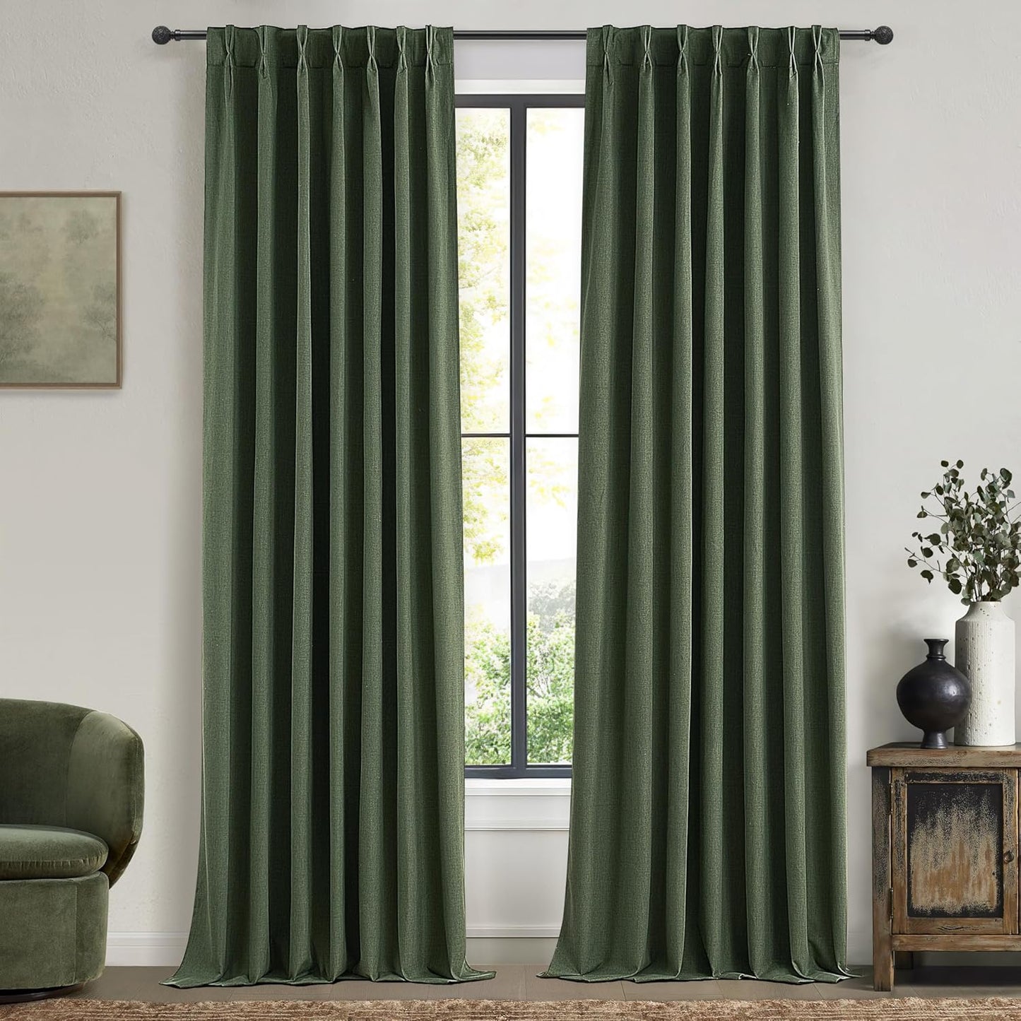 Decorative Blackout Curtains 95 Inches Long for Bedroom, Olive Green Pinch Pleated Textured Linen Blended Window Curtains 95 inch for Living Room Darkening Drapes with Hooks 2 Panels (40" Wx95 Lx2)