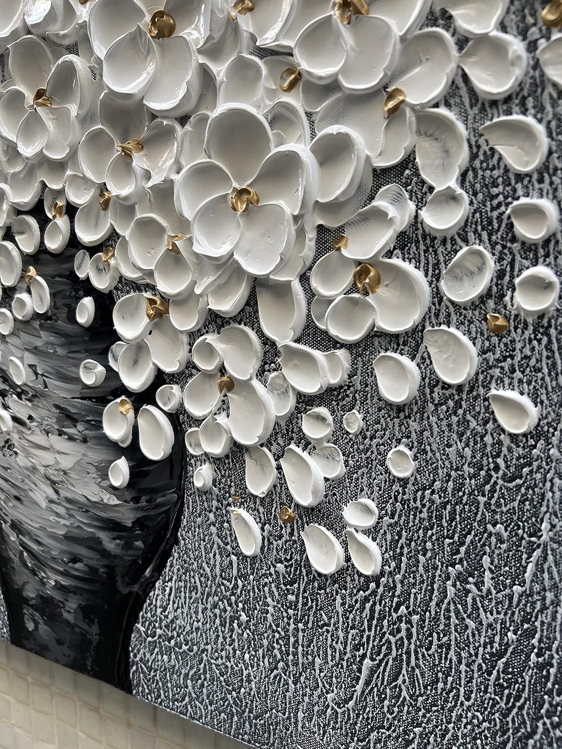 100% Hand-Painted White Flower Art Oil Painting, Modern Home Furnishing Canvas Painting Decoration, 3D Abstract Mural Painting,24x24 inch Frame Wall Art Hanging