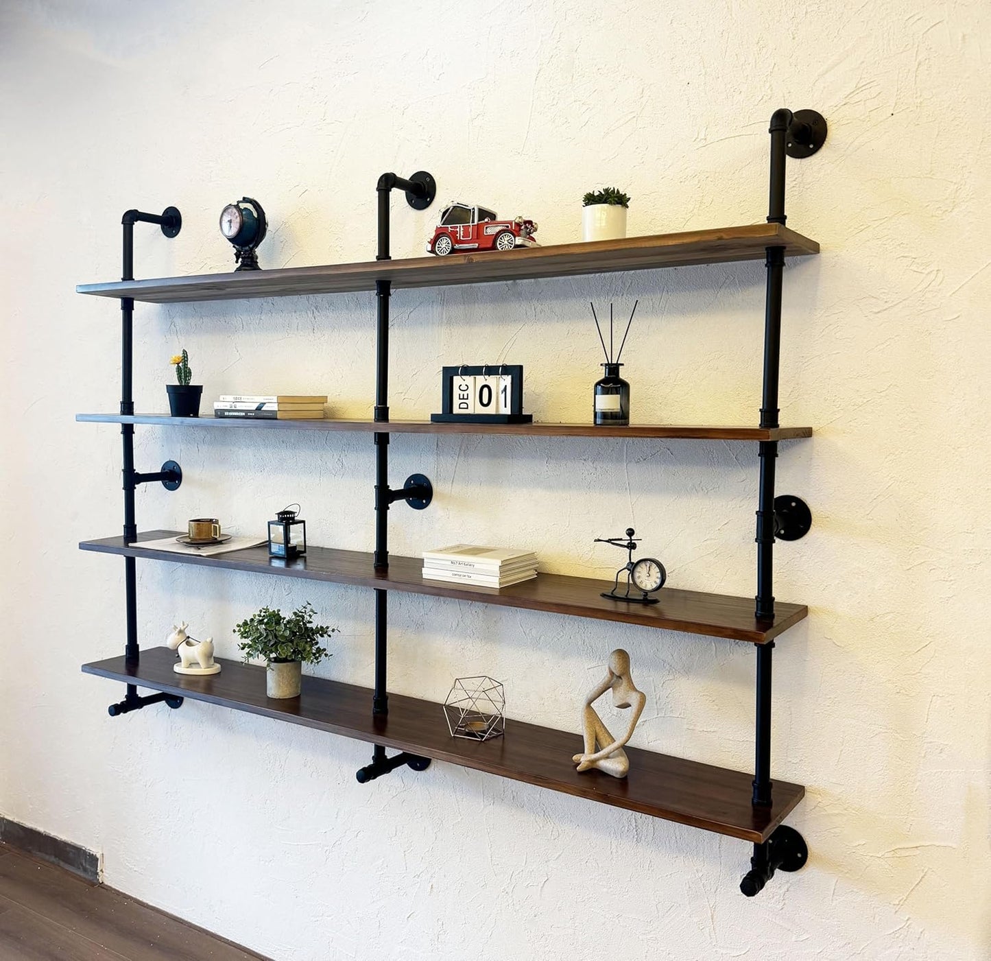 Industrial Pipe Wall Shelves With Real Wood Plank, 70 Inches Floating Shelves for Wall, 4 Tier Farmhouse Book Shelves, Dark Brown for Kitchen, Living Room Decor and Bar
