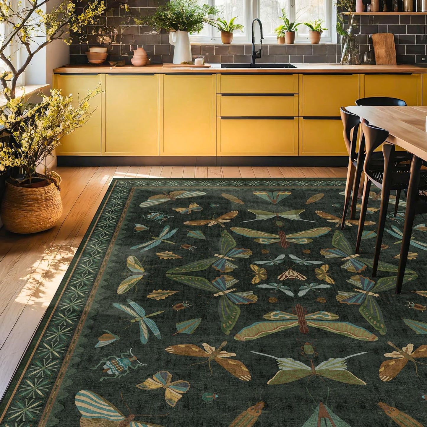Dark Green Bug Area Rugs 8x10 for Living Room, Dining Room Under Table, Bedroom, Unique Washable Floral Non Slip Floor Insect Carpet with Butterfly, Bee, Moth, Dragonfly