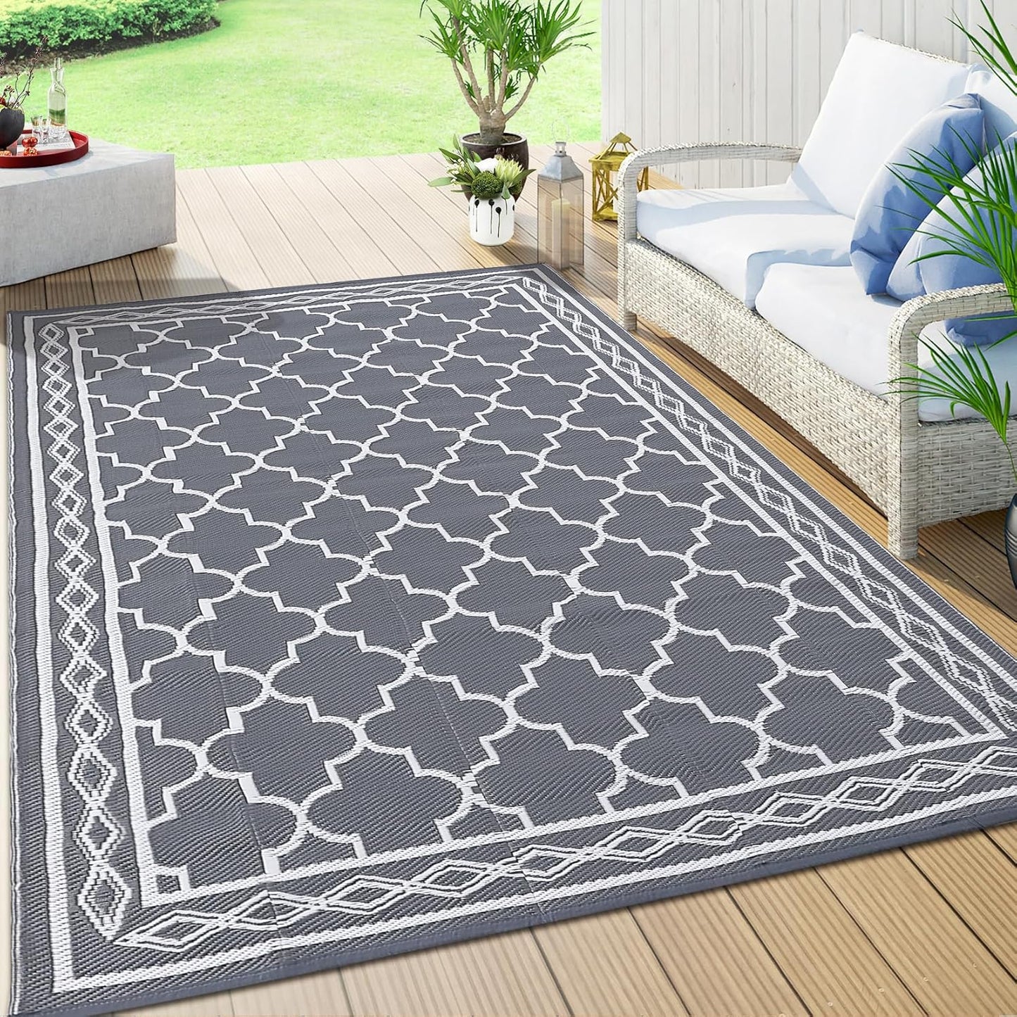 GAOMON Outdoor Rug Waterproof 8'x10', Reversible Outdoor Plastic Straw Rug, Boho Patio Rug, Indoor Outdoor Carpet, RV Mat Outside for Patio, Camp, Picnic, Balcony, Deck, Grey/White(Geometric)