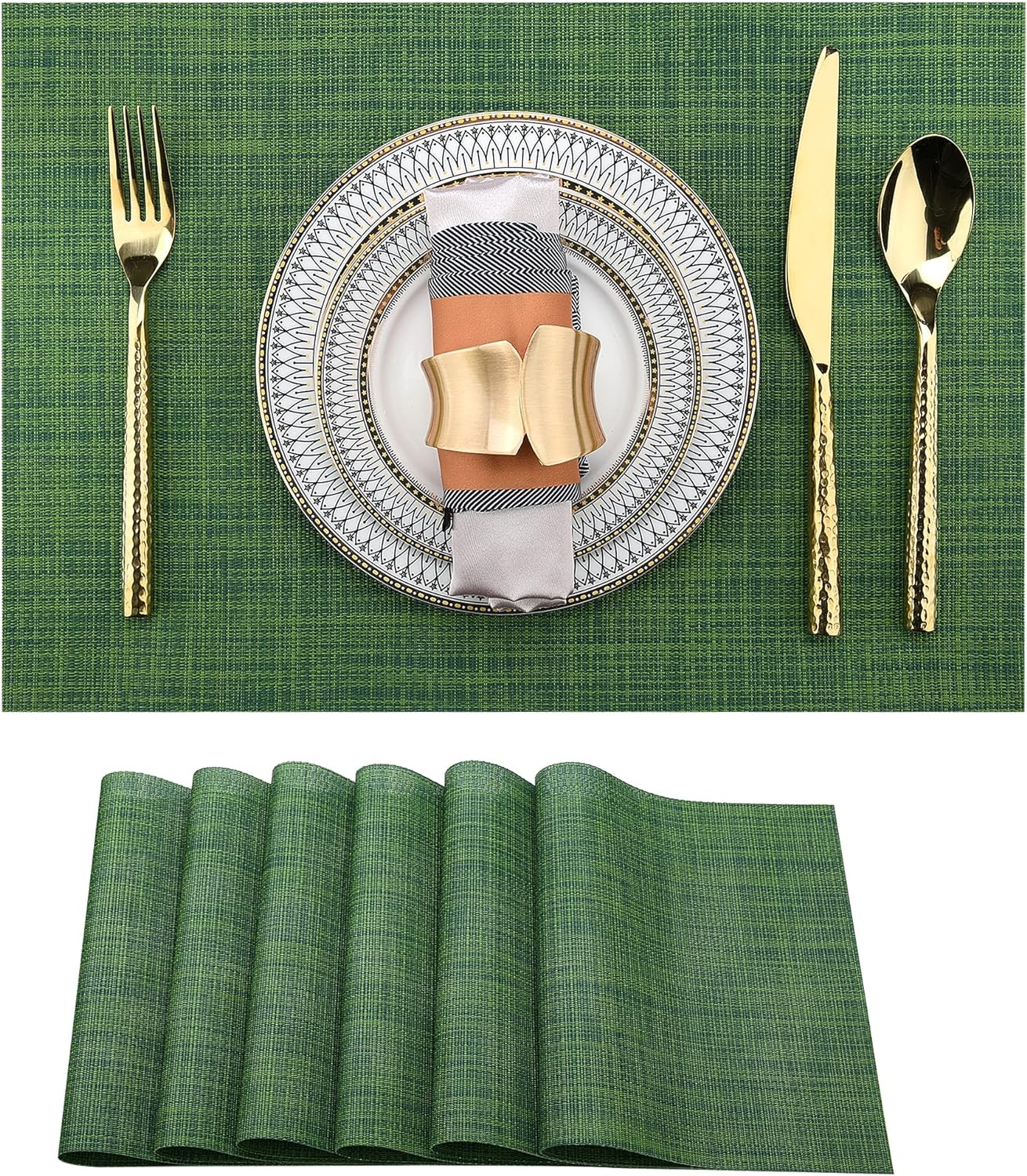 Green Placemats Set of 6 - Wipe Clean Vinyl Placemats - Washable Heat Resistant PVC Table Mats for Dining Table - 17x12 Inch (Green, 6)