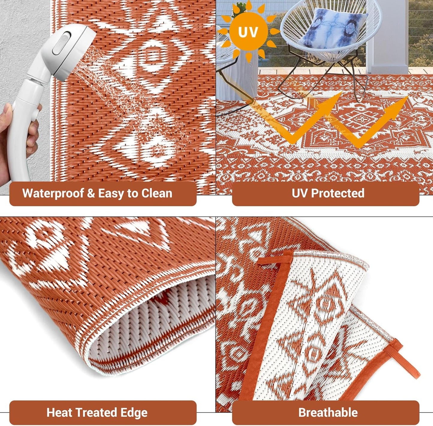 GAOMON Extra Large Outdoor Rug 10x20 Waterproof Plastic Straw Rug Reversible Vintage Patio Carpet, Portable Picnic Camping Mat with Bag & Stakes, Outside Carpet for Balcony Garden Yard, Orange Red