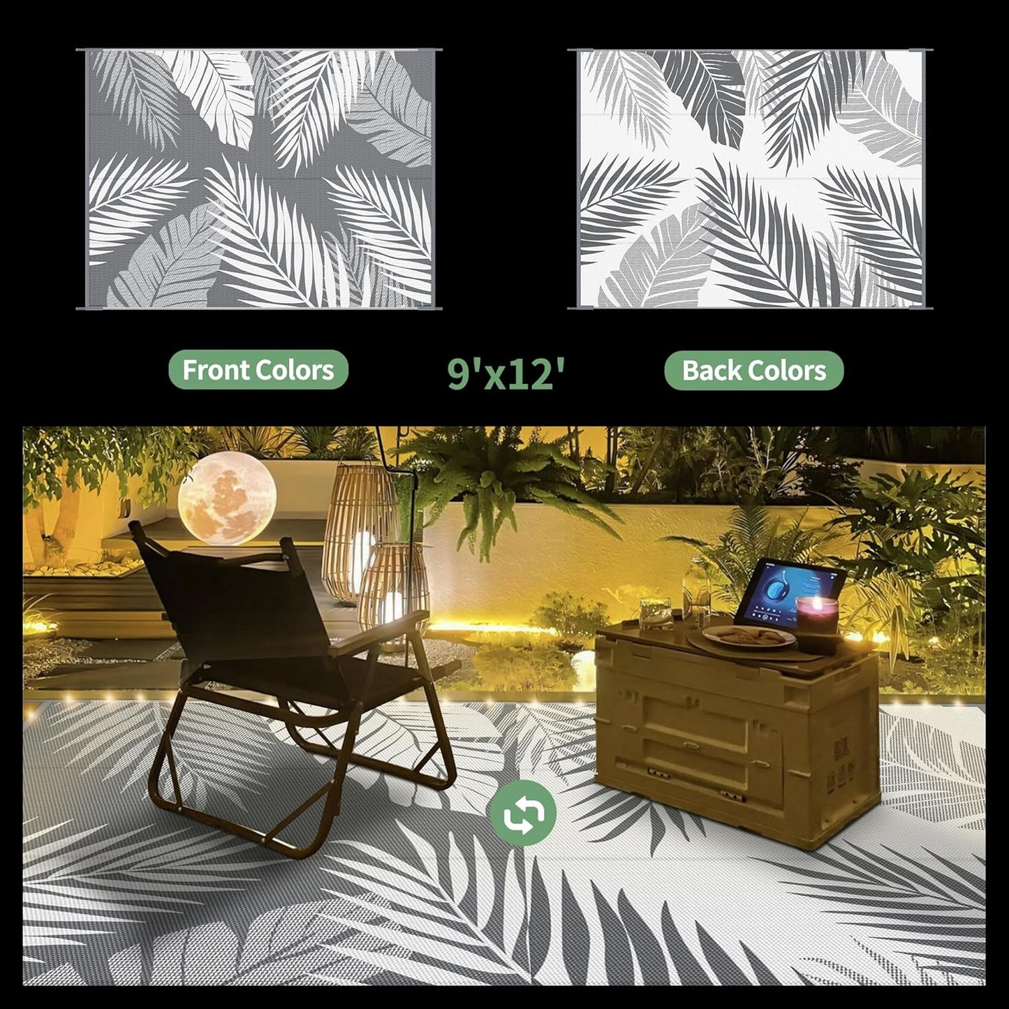 GENIMO Outdoor Rug 9' x 12' Waterproof for Patios Clearance, Reversible Outdoor Plastic Straw Camping Rug Carpet with LED String Light, Area Rugs Mats for RV, Camper, Deck, Balcony, Porch, Grey&White