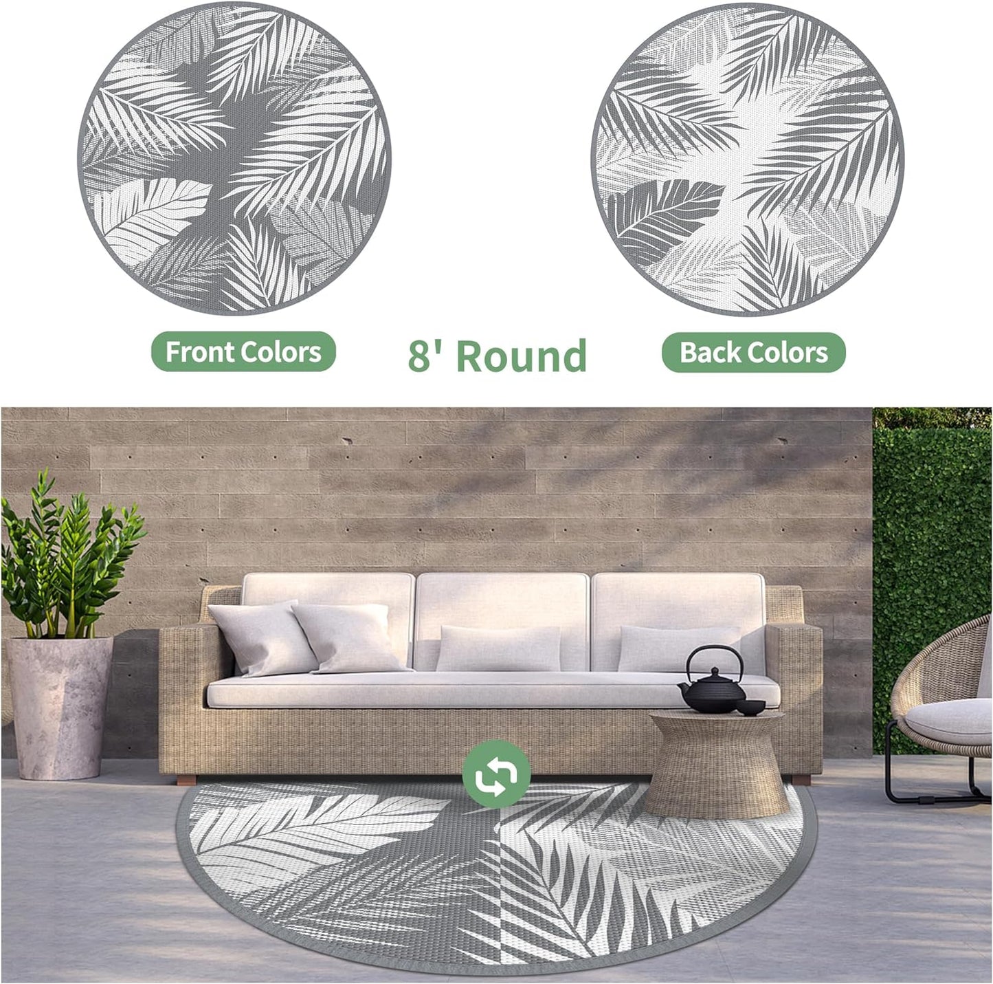 GENIMO Outdoor Rug 8' Round Waterproof for Patios Clearance, Reversible Outdoor Plastic Straw Camping Rug Carpet, Large Area Rugs Mats for RV, Camper, Deck, Balcony, Porch, Beach, Picnic, Grey&White