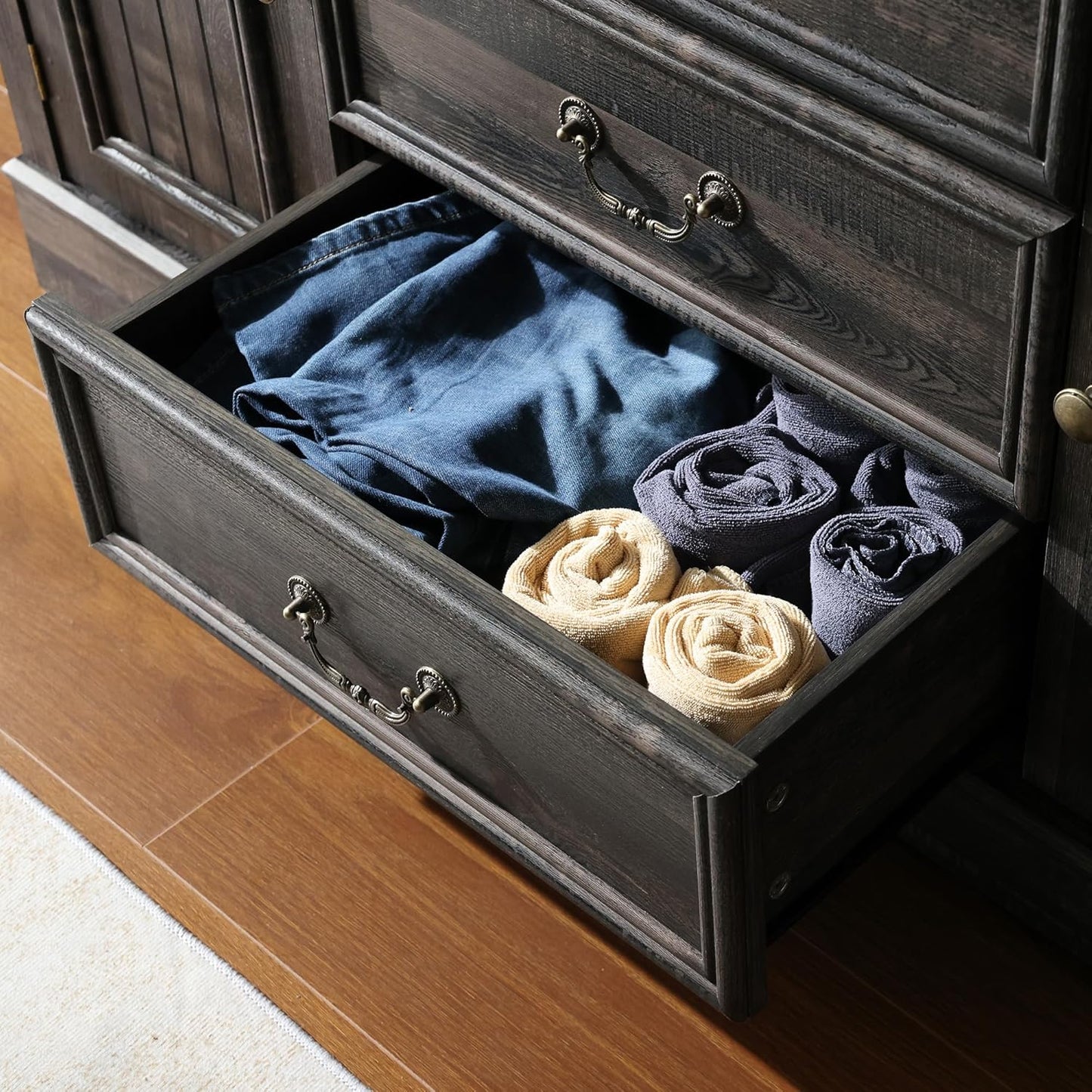 EnHomee Dresser for Bedroom with 6 Drawer & 2 Doors Wood Dressers & Chests of Drawers Farmhouse TV Stand,Entryway,Dark Rustic Oak