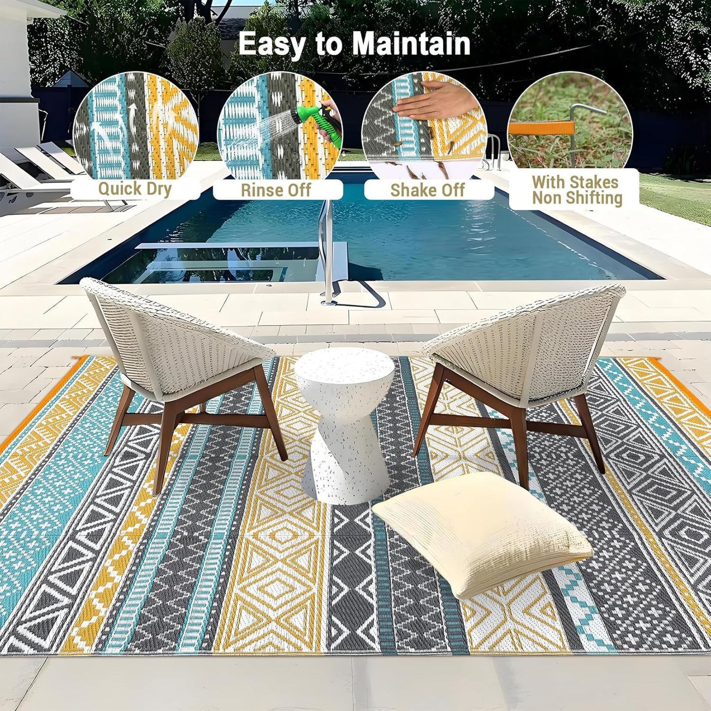 GAOMON Outdoor Plastic Straw Rug, 10'x14' Reversible Sage Green Patio Mat, Flower Modern Design for RV, Backyard, Deck, Camping, Picnic, Teal/Yellow(Bohemia)