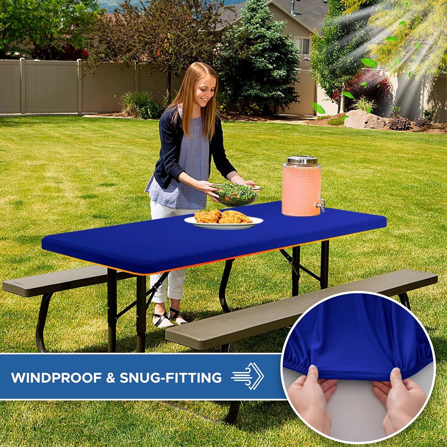 Fitted Tablecloth for 8 Foot Rectangle-6 Pack Royal Blue Elastic Outdoor Picnic Table Cover-Spandex Stretch Folding Table Cloths 8ft for Camping Dining Room Patio Kitchen Banquet Party