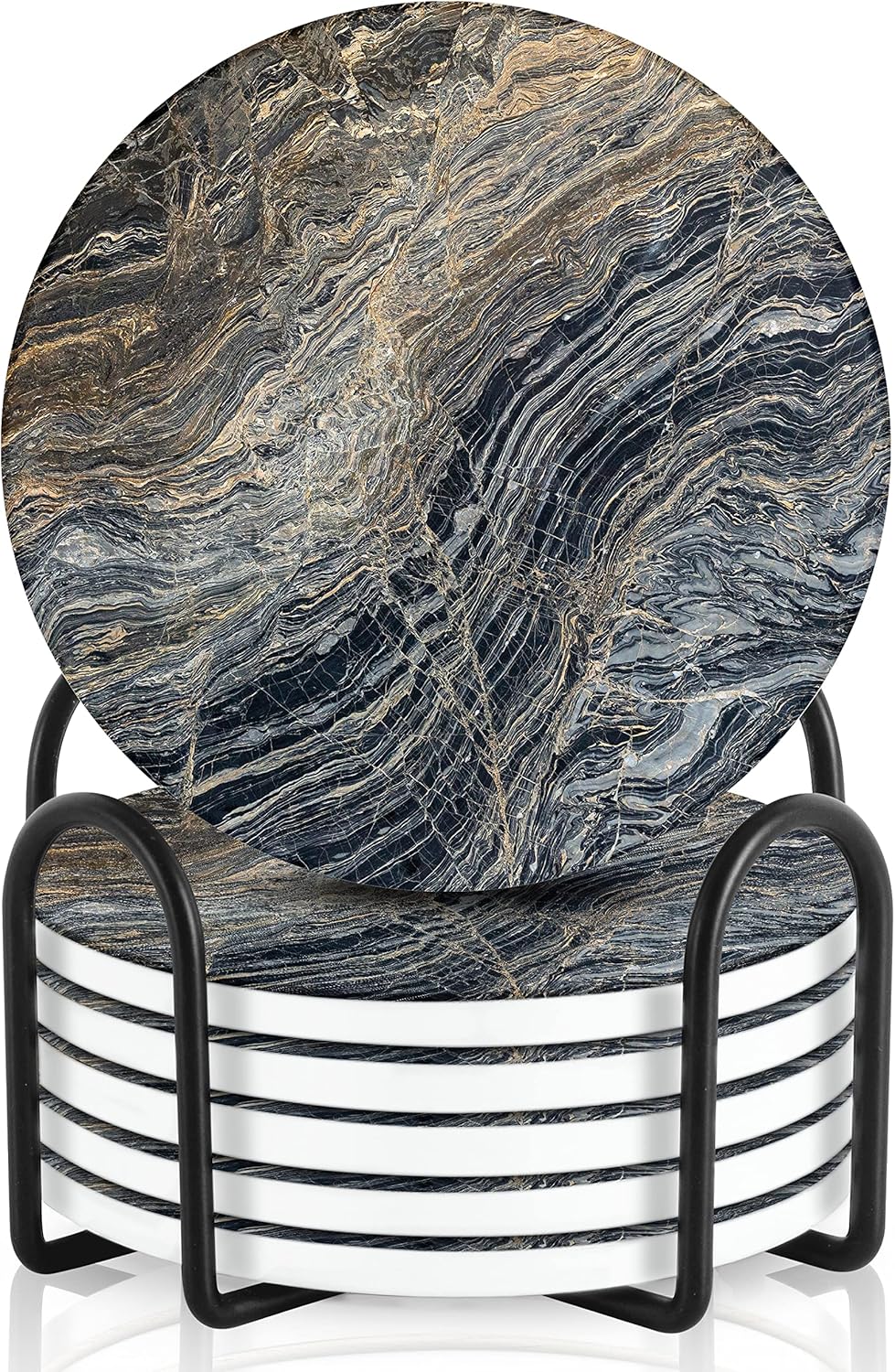 Emerson Coasters for Drinks Absorbent – Natural Stone Drink Coasters Set with Holder, Coasters for Coffee Table, Wooden Tabletop Protection Marble Style – 100% Heavy Duty Set of 6 (Lava)