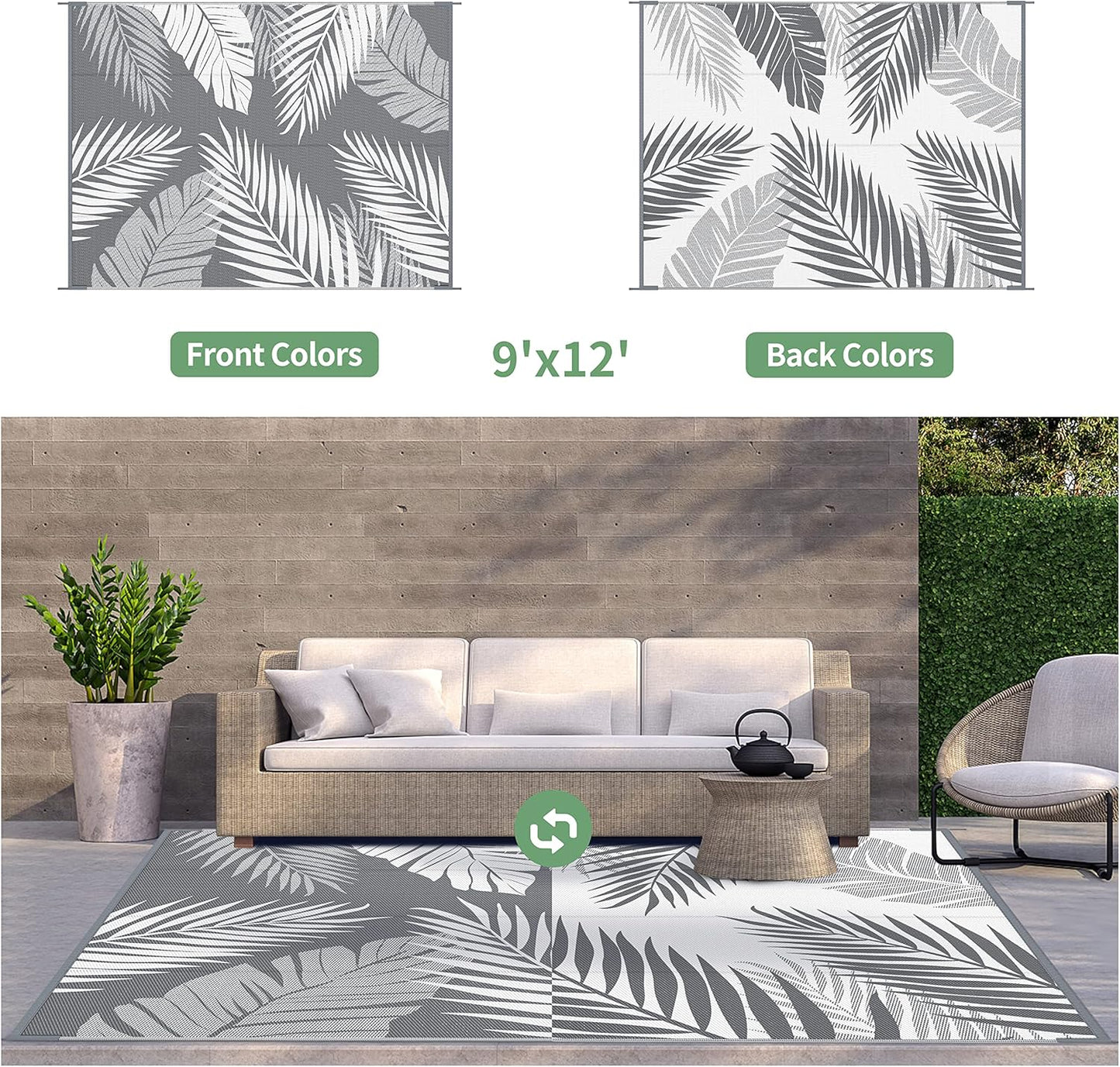 GENIMO Outdoor Rug 9' x 12' Waterproof for Patios Clearance, Reversible Plastic Straw Camping Carpet, Large Area Rugs Mats RV, Picnic, Backyard, Deck, Balcony, Porch, Beach, Grey&White