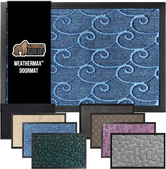 GORILLA GRIP 100% Waterproof All-Season WeatherMax Doormat 35x23, US Designed Natural Rubber, Stain and Fade Resistant, Low Profile Indoor Outdoor Door Mats, Easy Clean Patio Mat, Ocean Blue Waves